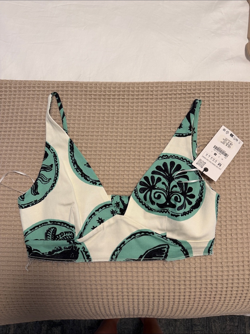 Zara Cream and Mint Green Printed V-Neck Bralette